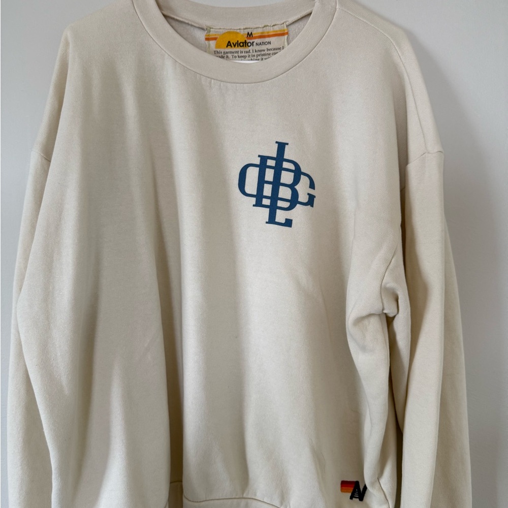 Aviator Nation Cream Crewneck Sweater with Embroidered Logo